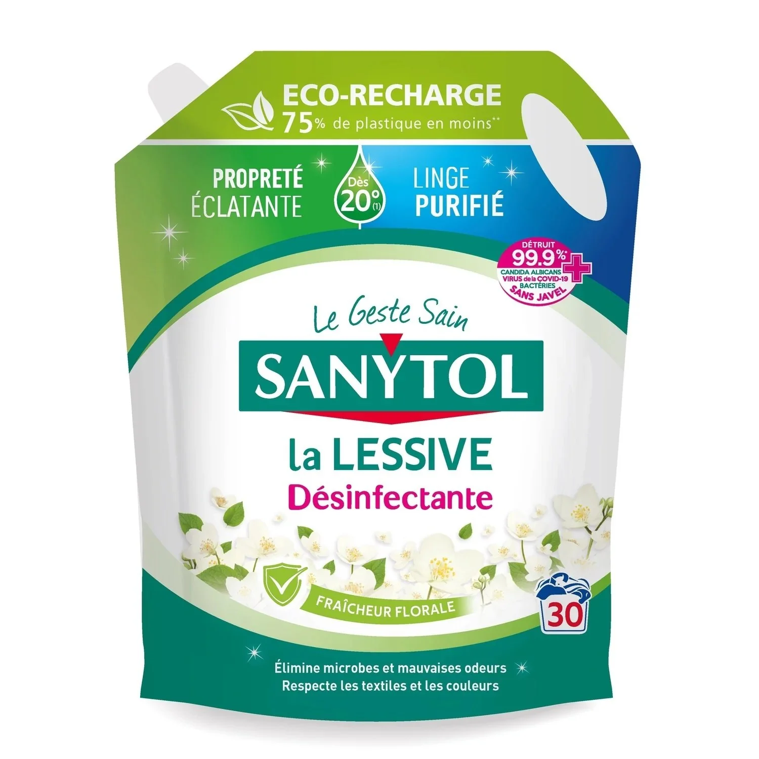 30 doses de recharge de lessive liquide désinfectante fraicheur florale