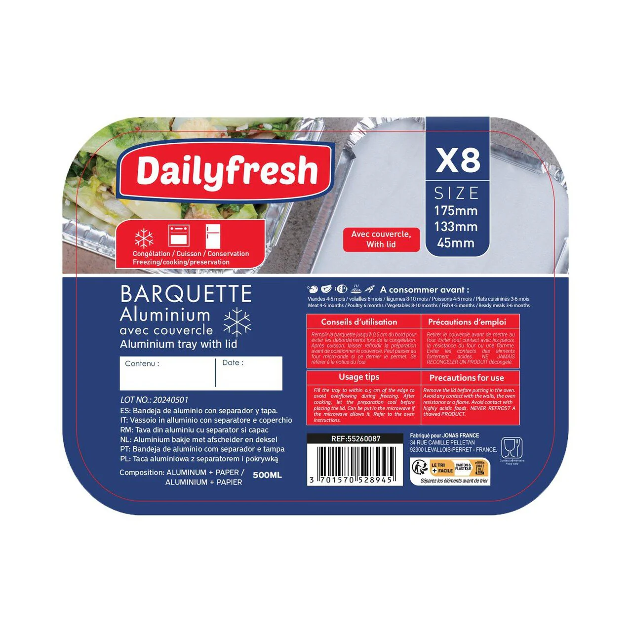 8 barquettes avec couvercle en aluminium