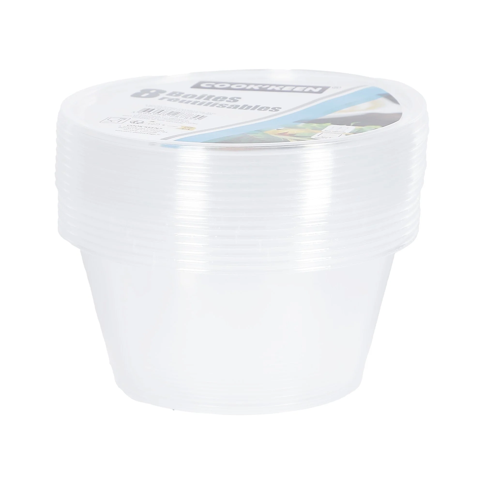 8 boîtes rondes translucide avec couvercle en plastique 750 ml
