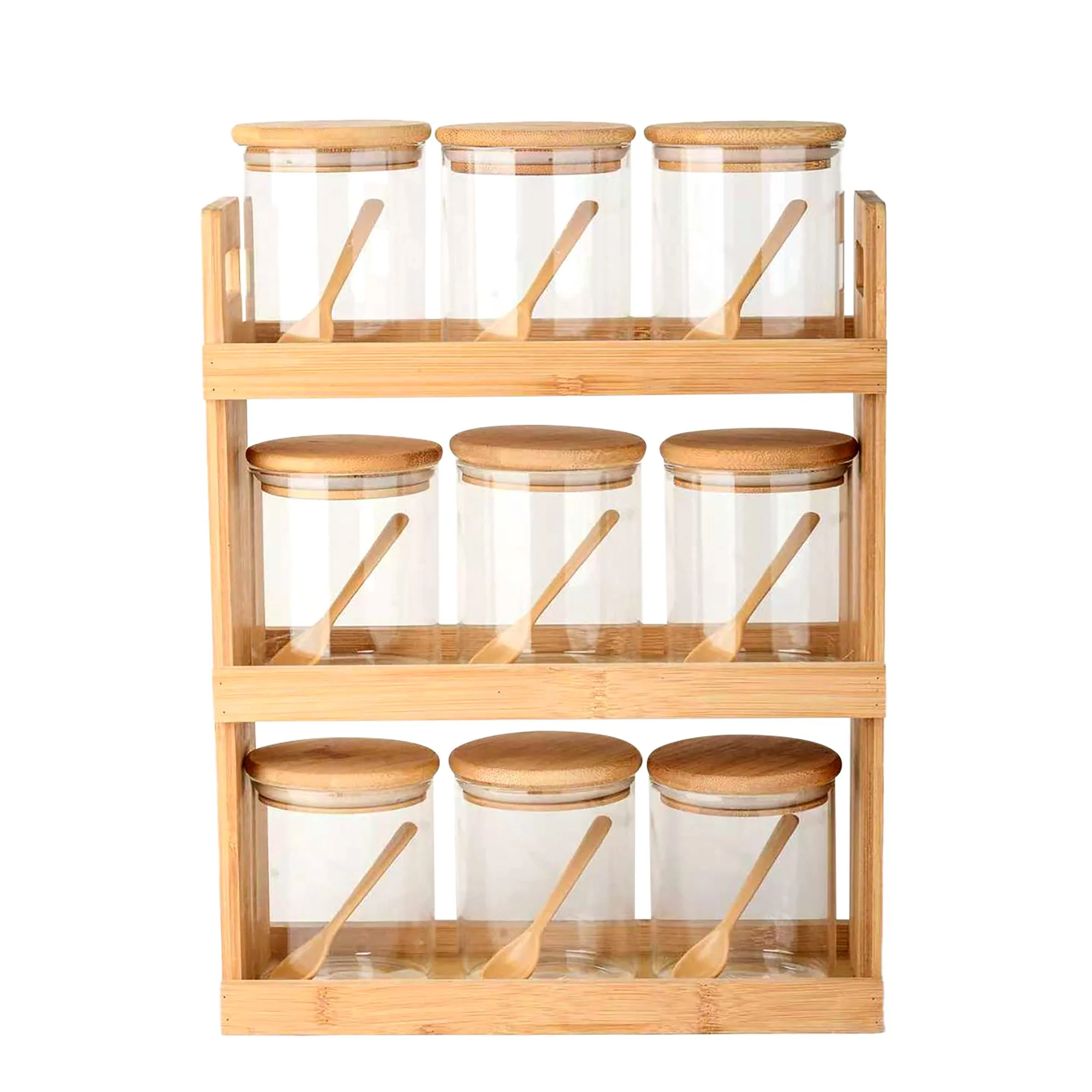 9 pots à épices bambou avec étagère