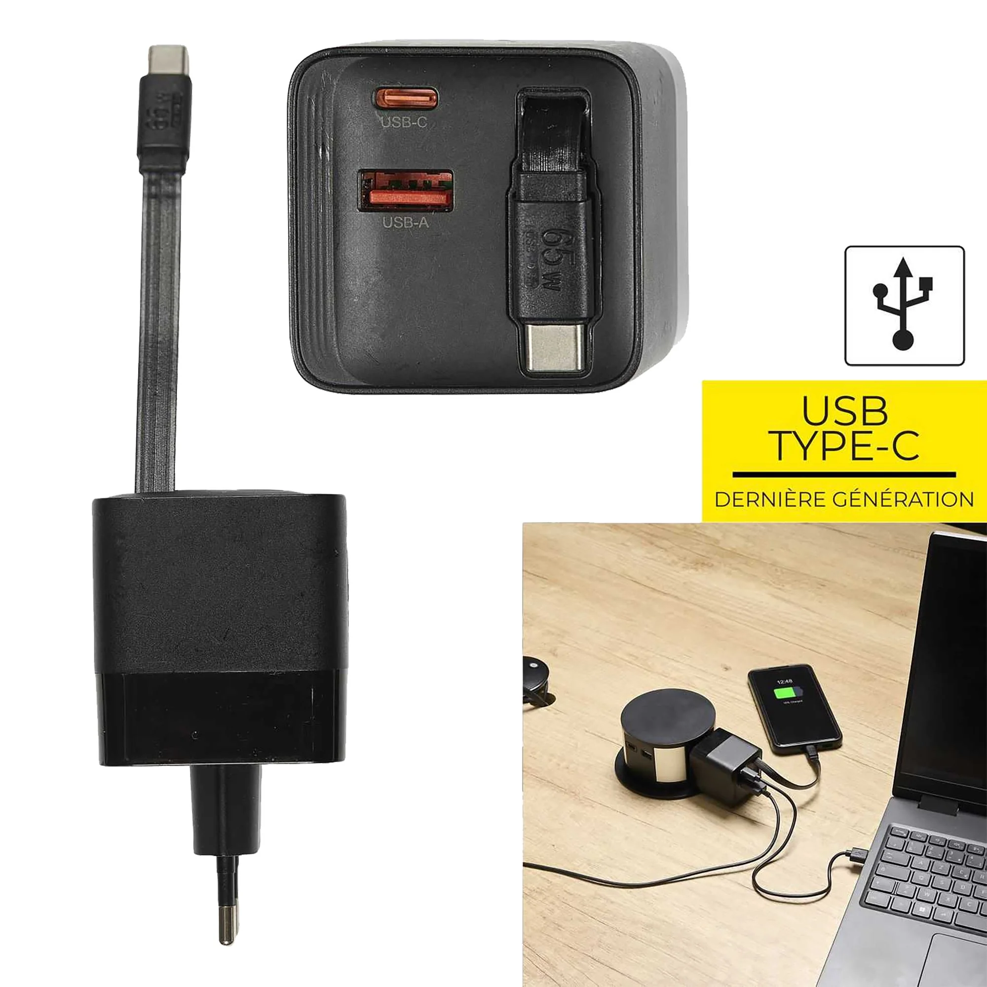Adaptateur secteur port USB et type C