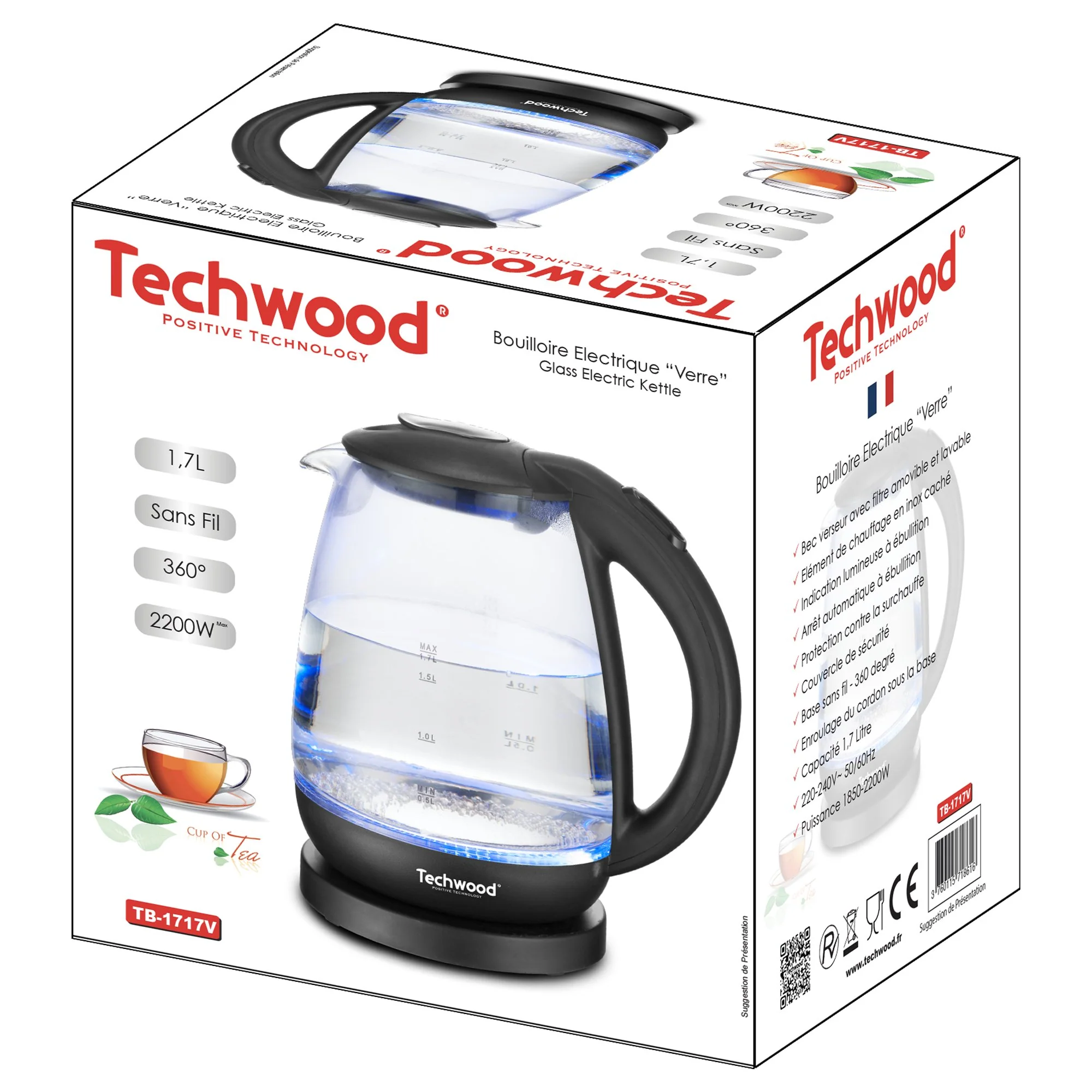 Bouilloire électrique en verre 1.7 L