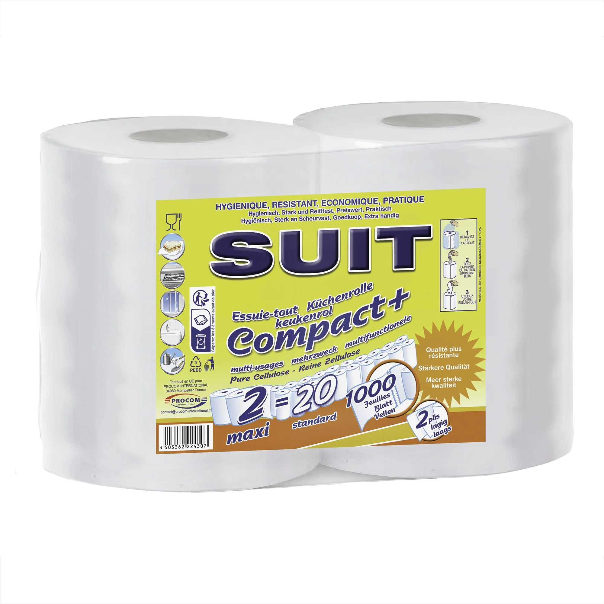 Lot de 2 essuie-tout compact 500 feuilles