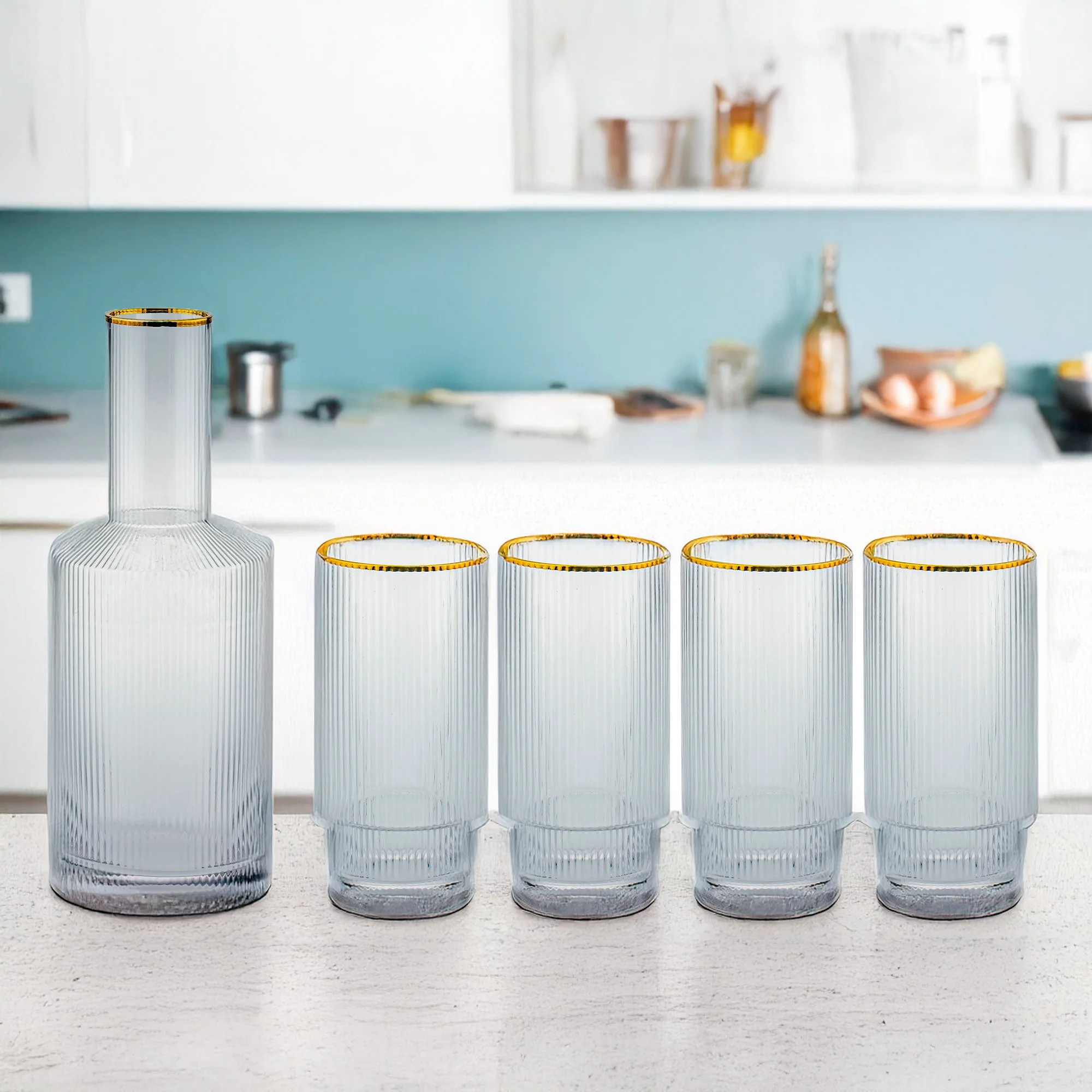 Lot de 5 Service à limonade strié avec bord doré en verre - Image 2
