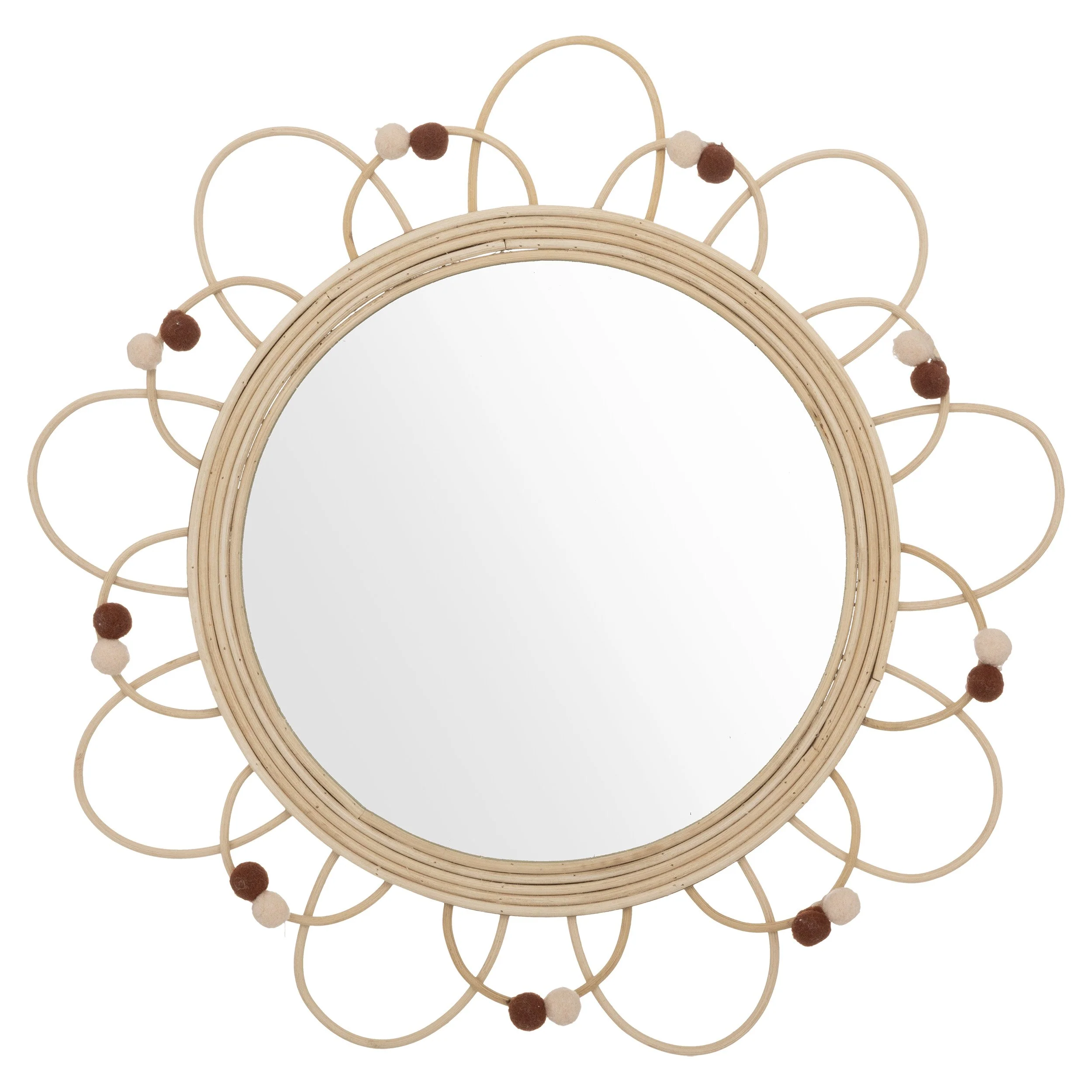 Miroir enfant à pompons en rotin