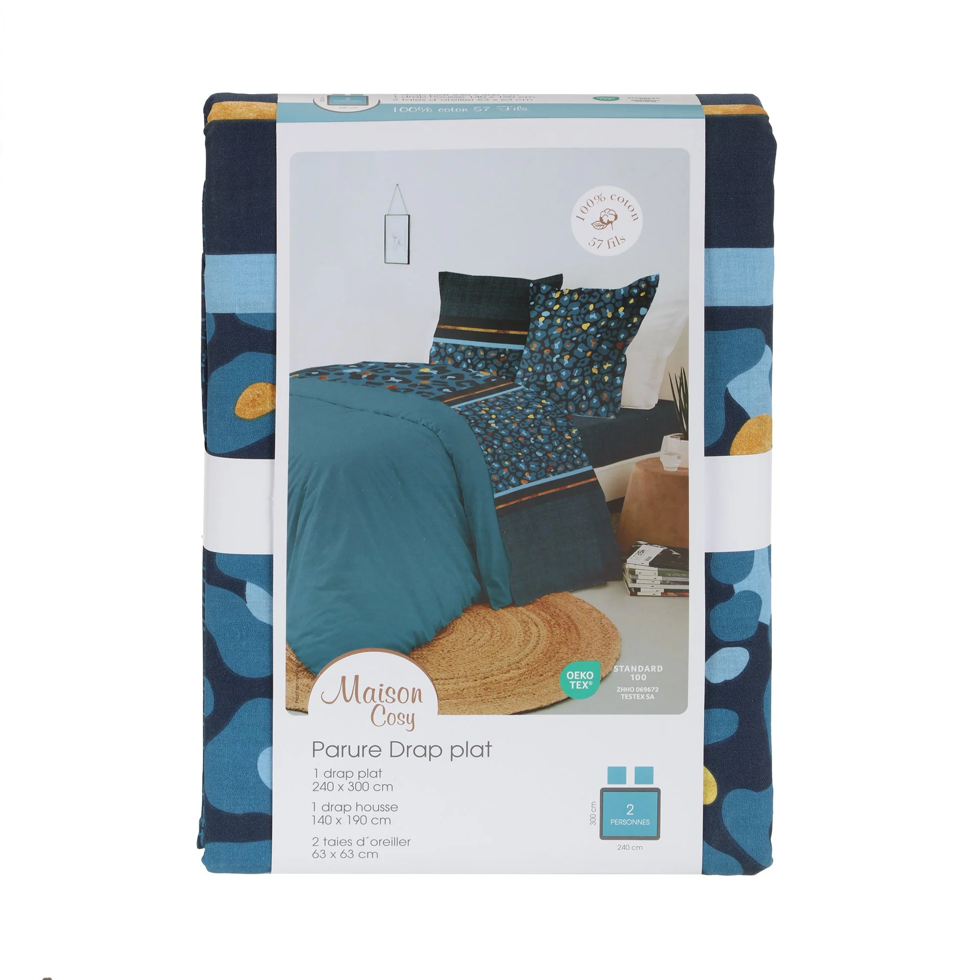 PARURE DRAP PLAT IMPRIMEE 240X300CM+DH140X190CM +2TO63X63CM 100%COTON