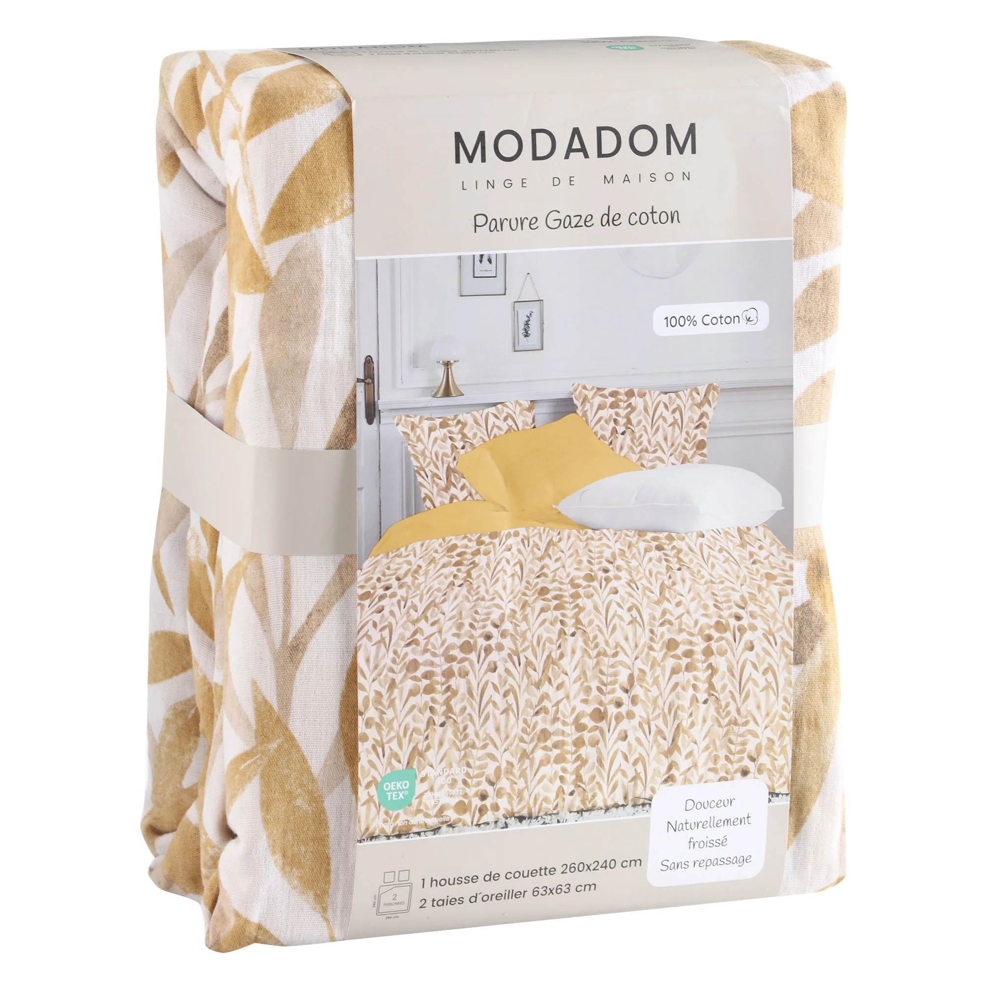 Parure housse de couette 240x220 cm + 2 taies d'oreillers 63x63 cm Gaze de coton  - Jaune - Image 2