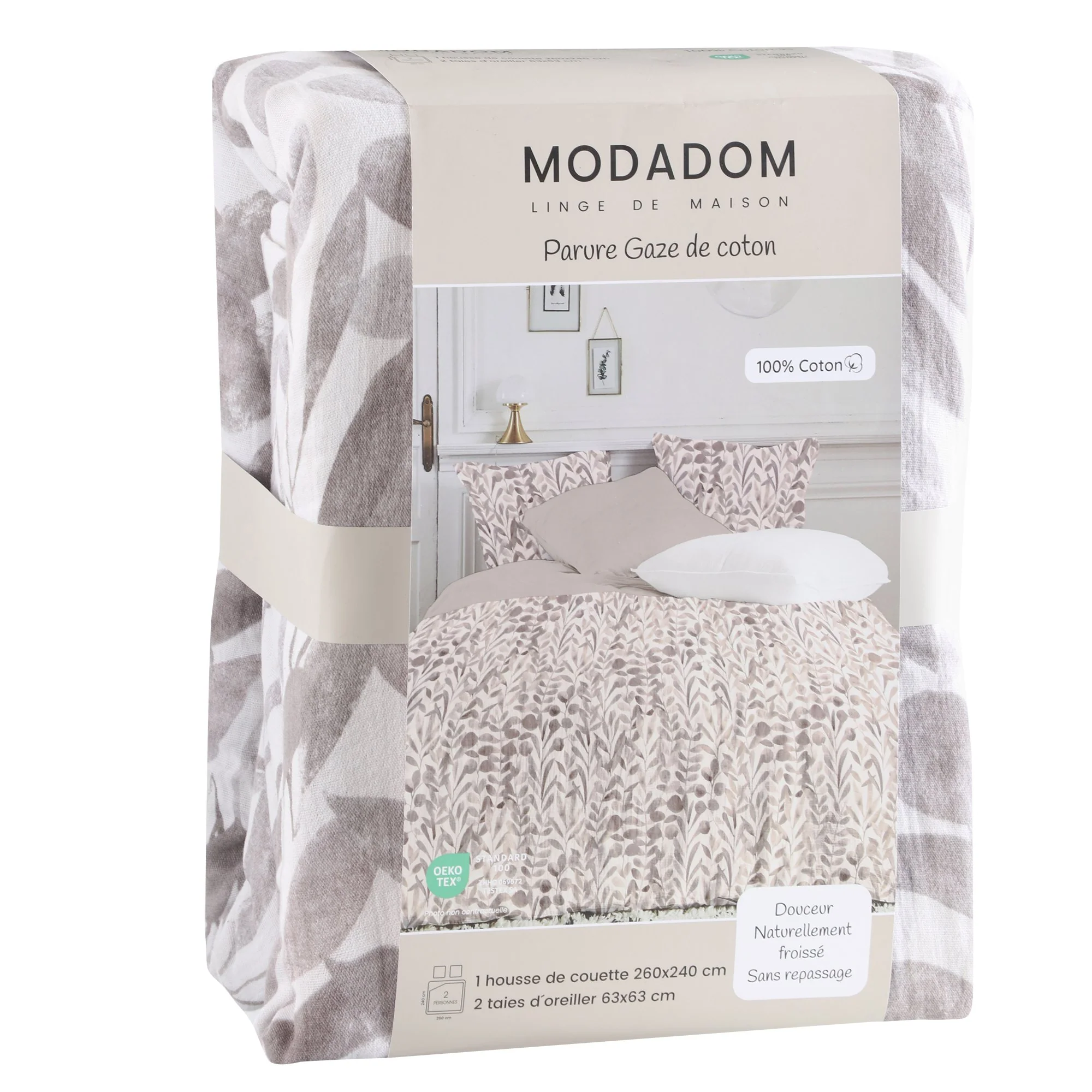 Parure housse de couette 240x220 cm + 2 taies d'oreillers 63x63 cm Gaze de coton  - Marron - Image 2