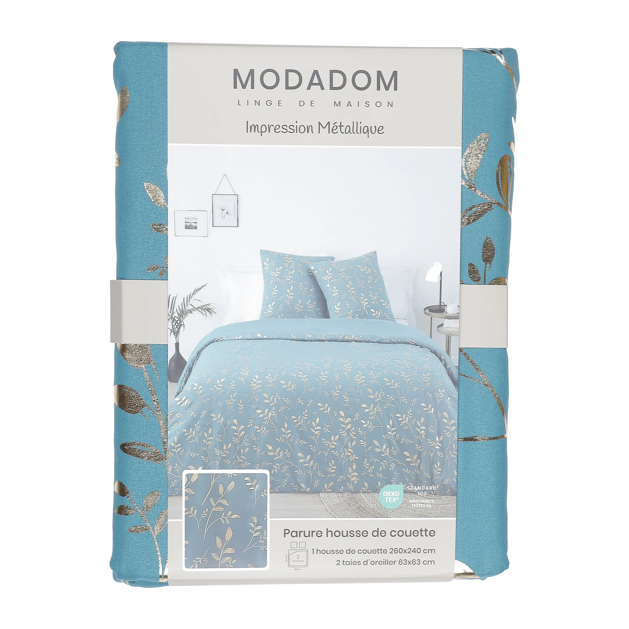 Parure housse de couette 240x220 cm + 2 taies d'oreillers microfibre imprimée métal  - Bleu