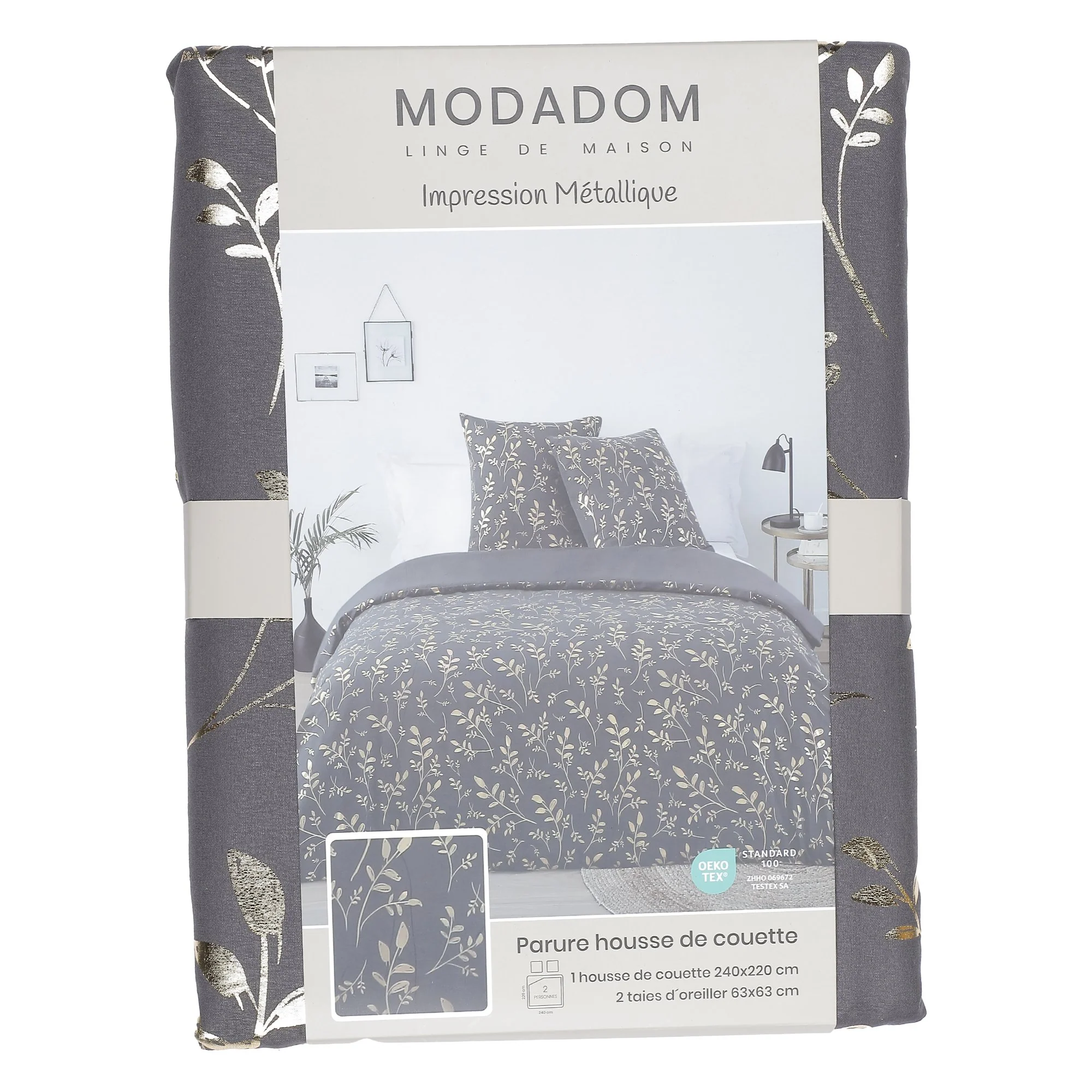Parure housse de couette 240x220 cm + 2 taies d'oreillers microfibre imprimée métal  - Gris