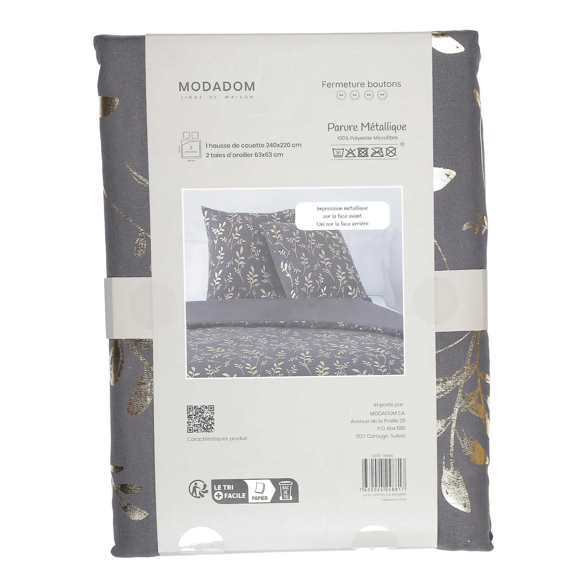 Parure housse de couette 240x220 cm + 2 taies d'oreillers microfibre imprimée métal  - Gris - Image 2