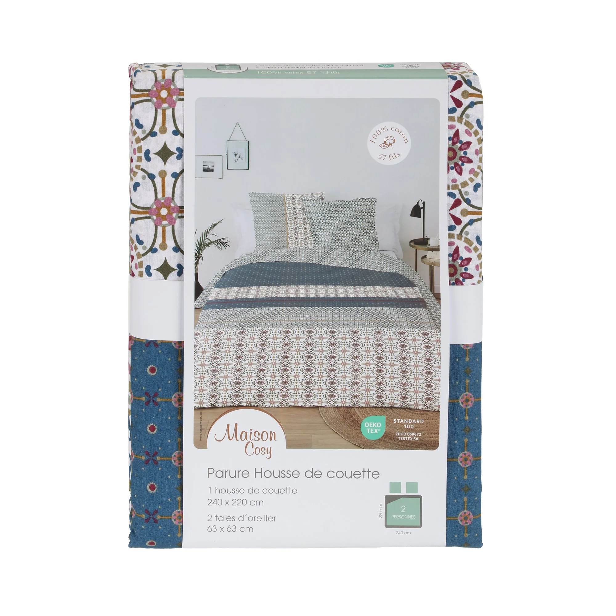 PARURE HOUSSE DE COUETTE IMPRIMEE 240X220CM + 2TO 63X63CM 100% COTON