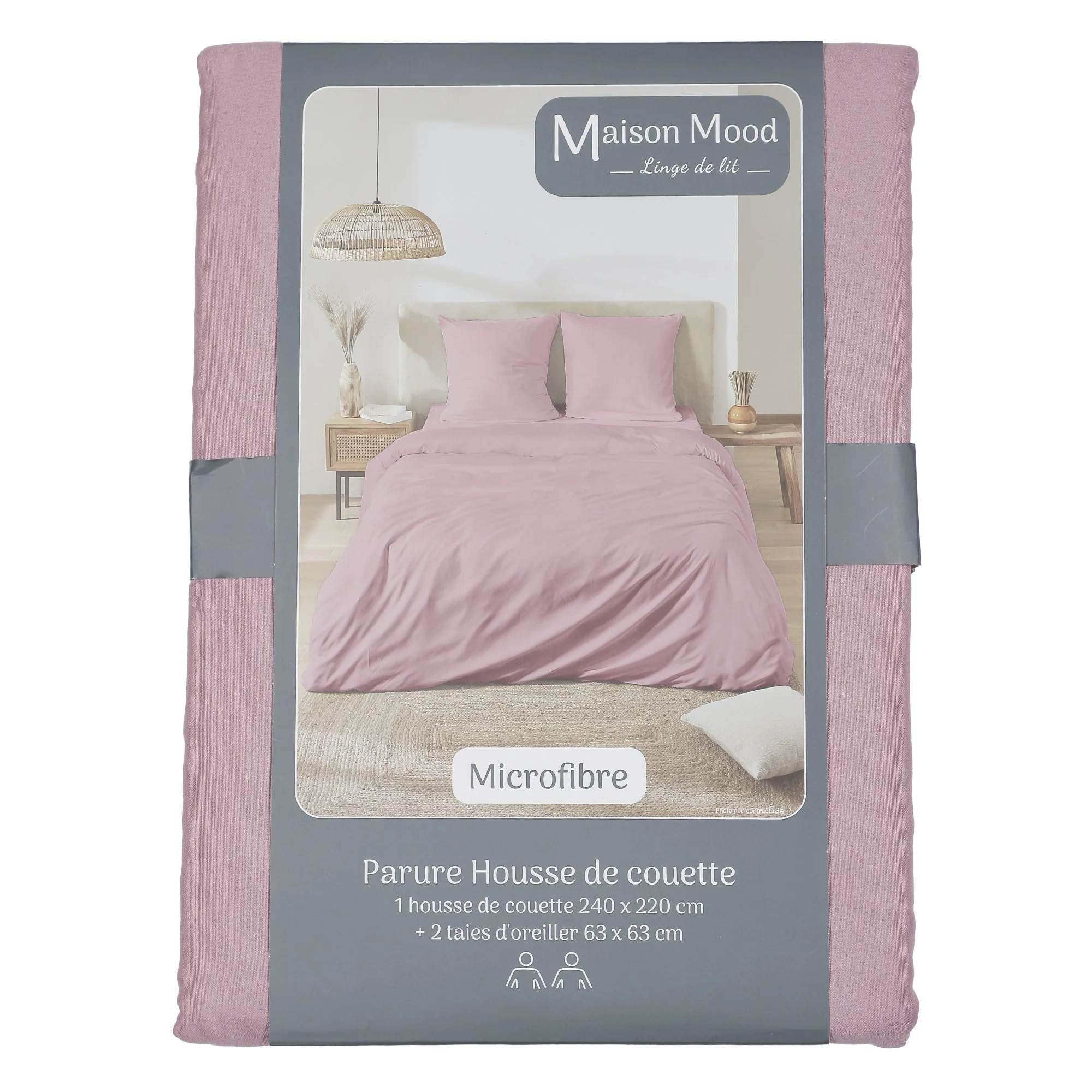 Parure housse de couette unie microfibre 240x220 cm + 2 taies d'oreillers 63x63 cm  - Violet