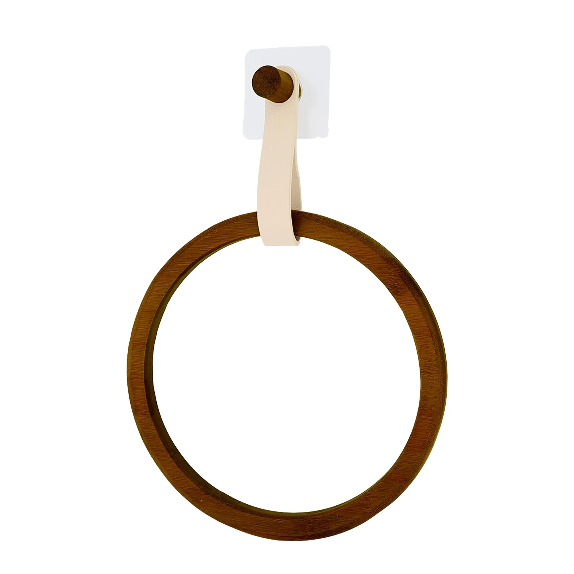 Porte serviette rond en bambou et lanière en simili cuir beige - Image 2