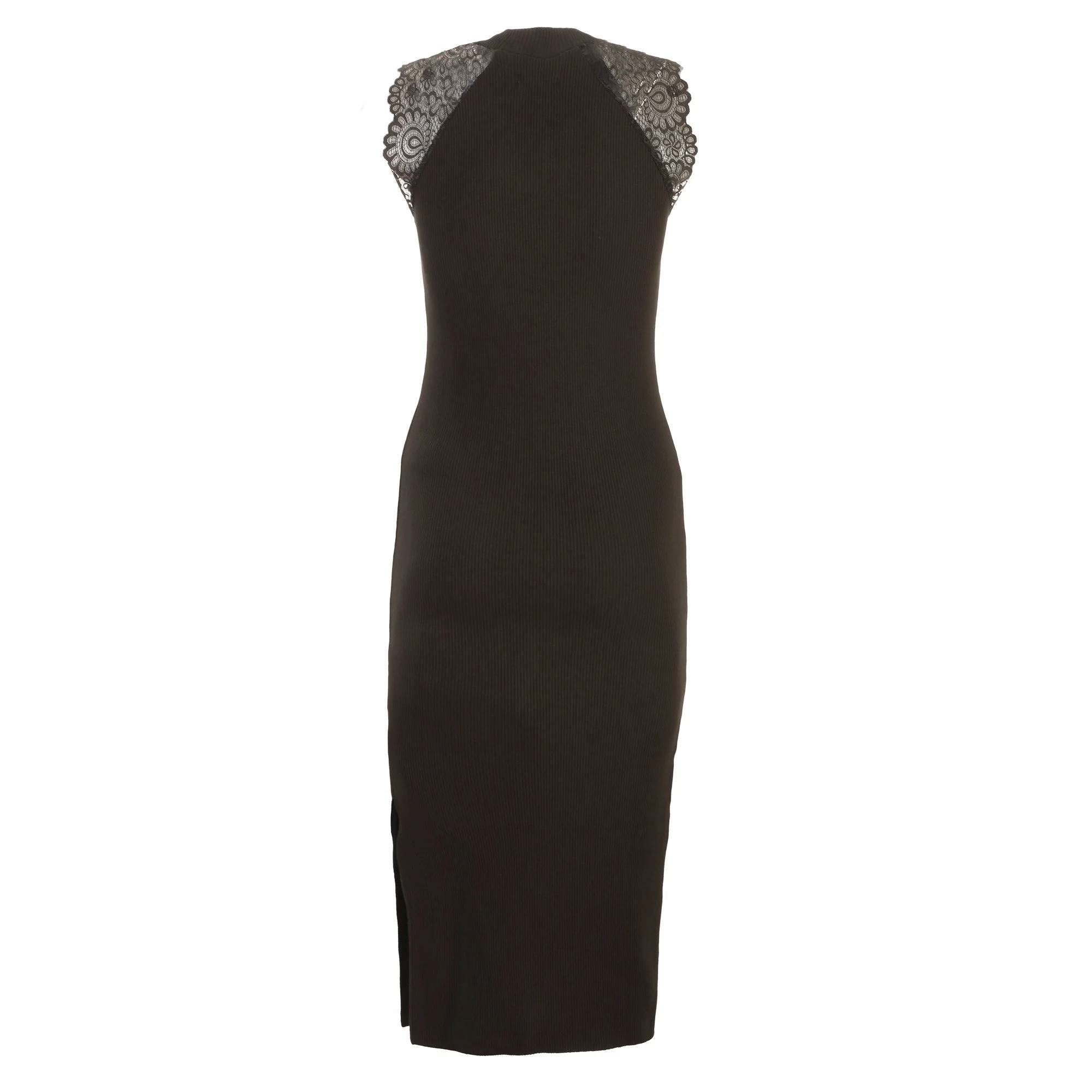 Robe longue en maille détails dentelle - Noir - Image 2