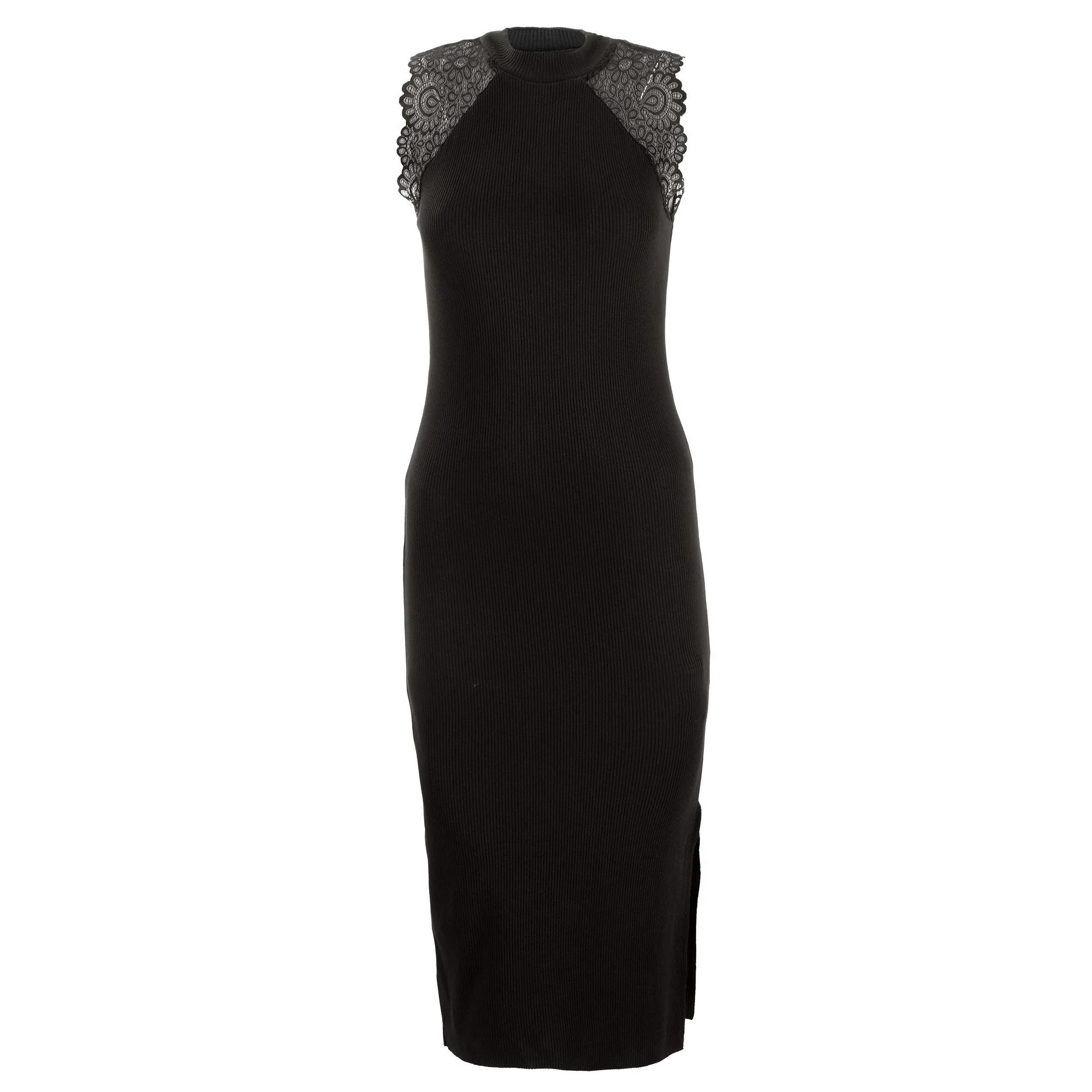 Robe longue en maille détails dentelle - Noir - Image 4