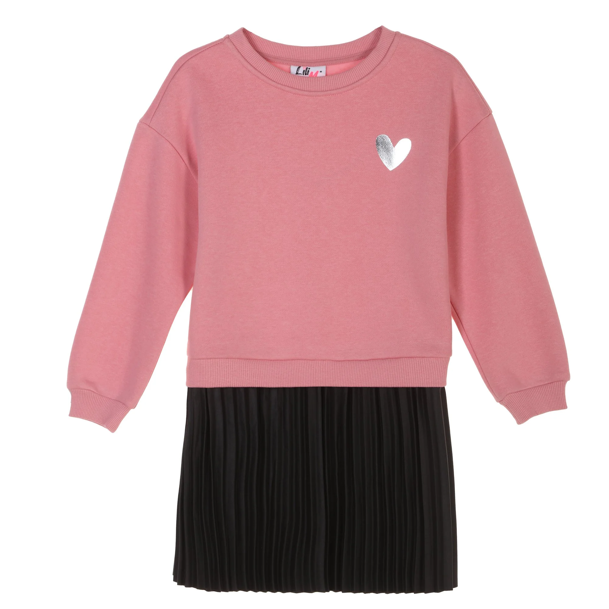 Robe sweat avec jupe plissée simili cuir 3/12 ans - Rose