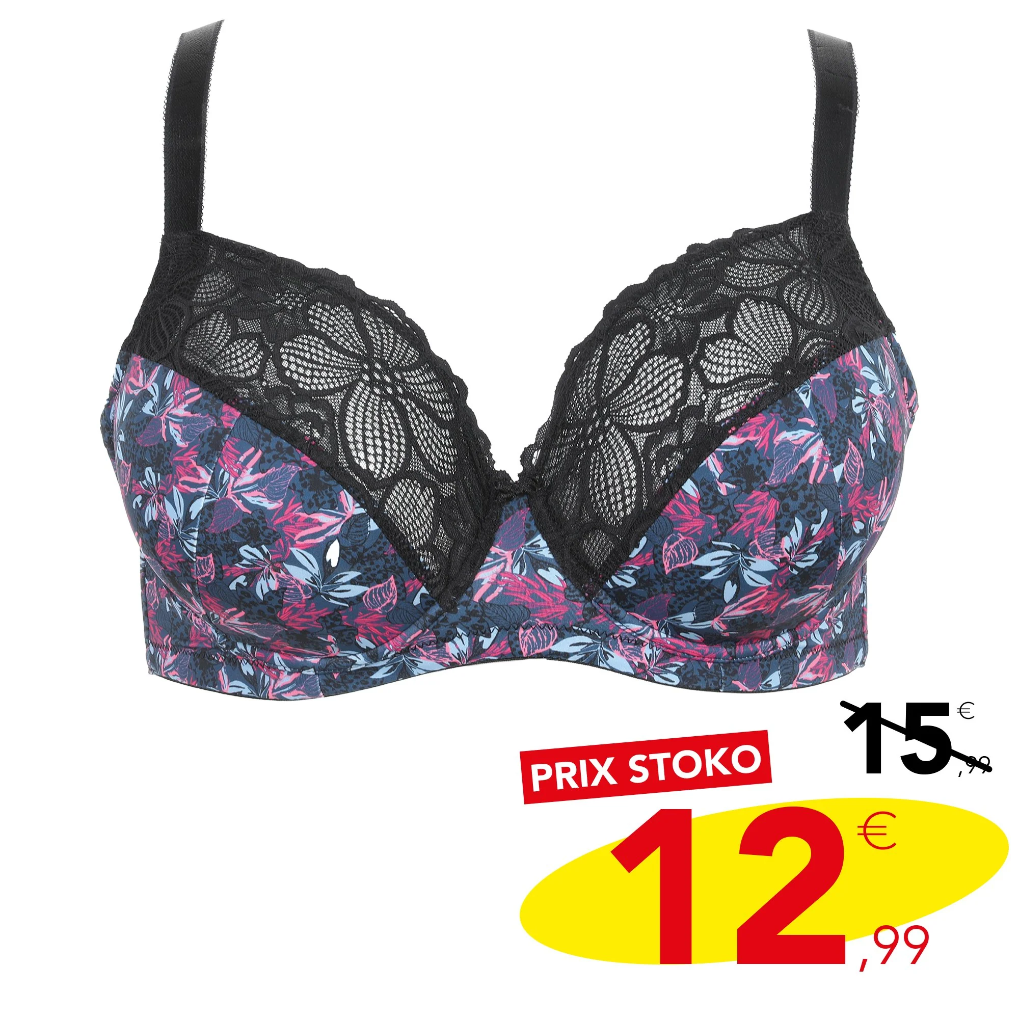 Soutien gorge fleuri bleu et noir grand maintien - Bleu - Image 5