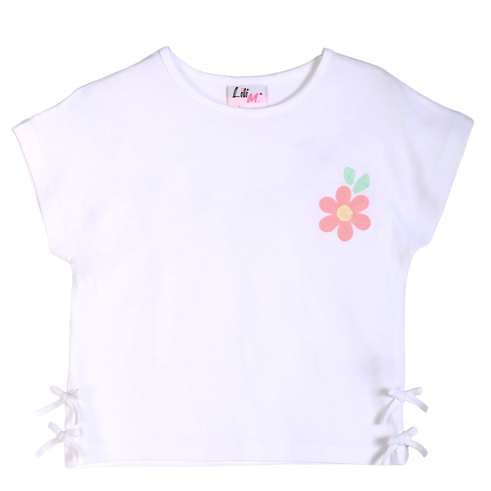 Tee shirt avec noeuds et broderies Ă fleurs - Blanc