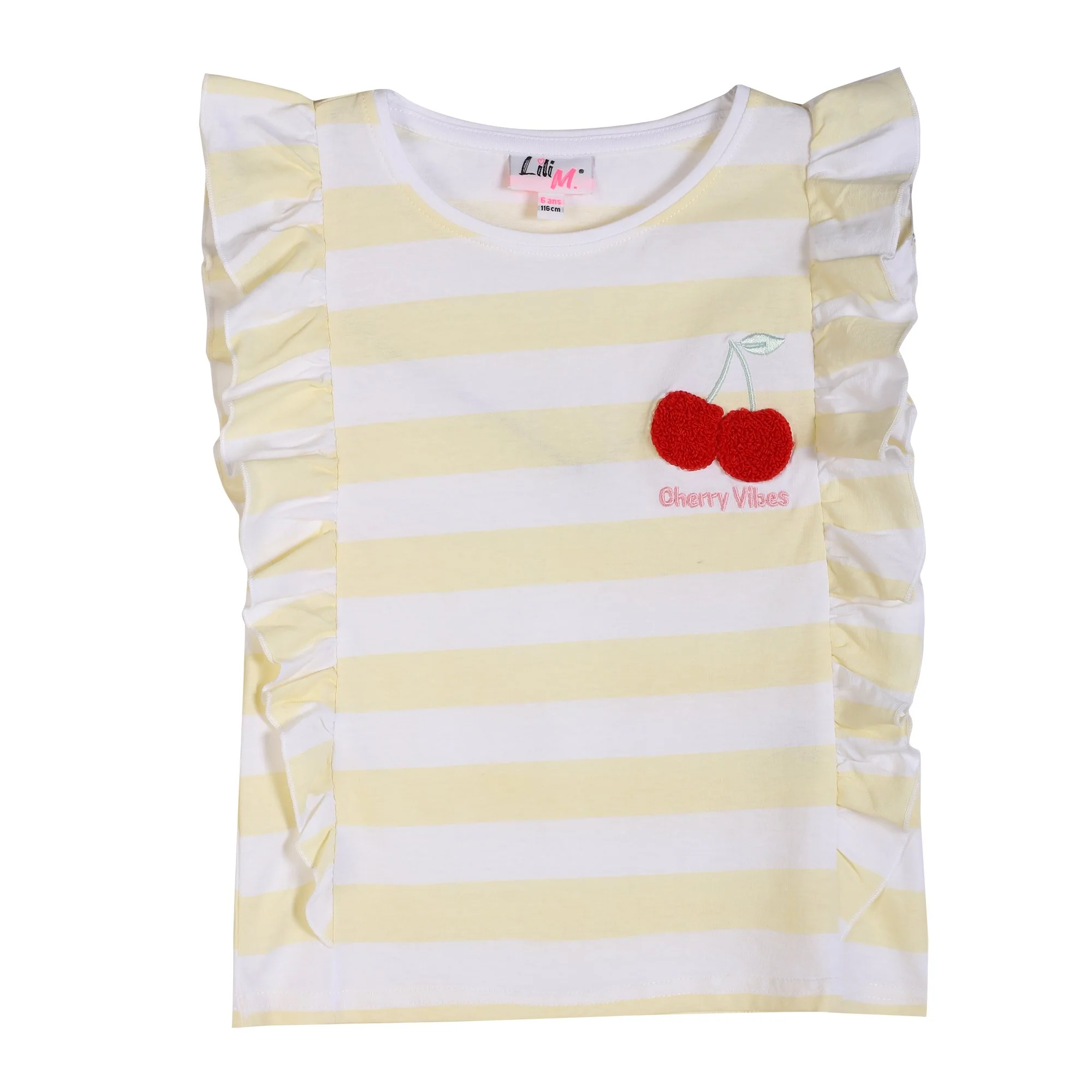Tee-shirt manches courtes avec volants et rayures - Jaune
