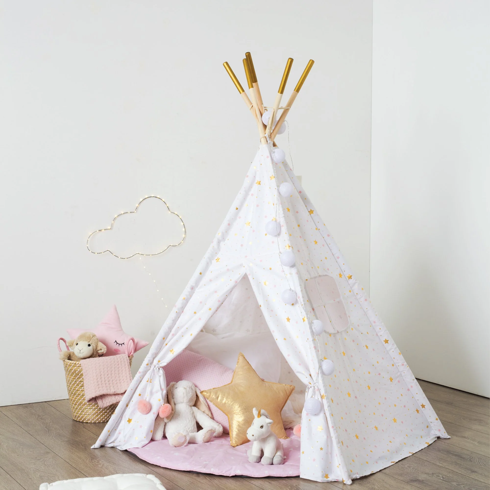 Tipi enfant toile blanche motif étoiles roses et dorées H 160 Cm - Image 5